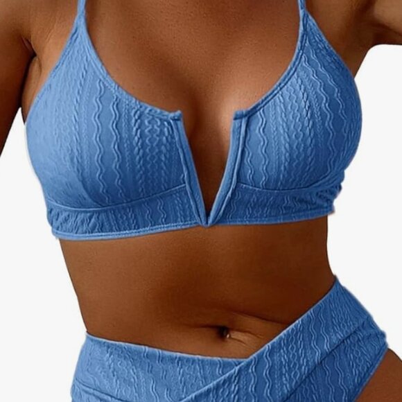 HYTENSUN Women's V Cut High Waisted Bikini Ribbed V-Wired Two Pieces - Picture 2 of 9